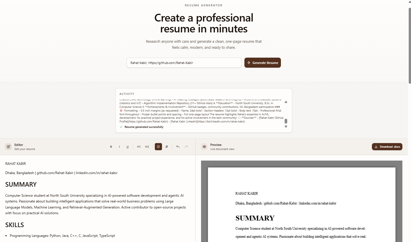 AI Resume Builder interface